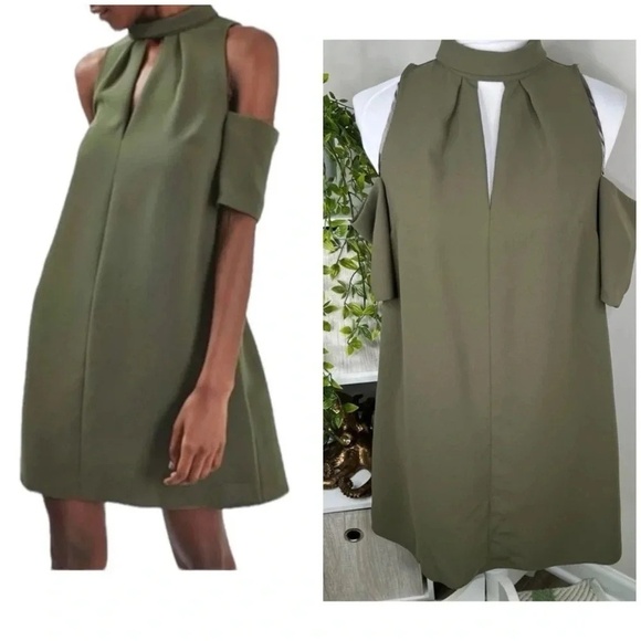 TOPSHOP Dark Green Keyhole Cold Shoulder A Line Dress Size 6 - Picture 2 of 11